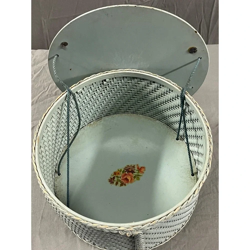 Vintage Woven Round Storage Sewing Container Box Blue Floral Lid Rope Handles - Picture 3 of 9